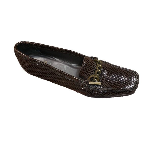 Stuart Weitzman Size 9 N Narrow Brown Serpentine Snake Print Wooden Wedges Chain - Picture 1 of 12